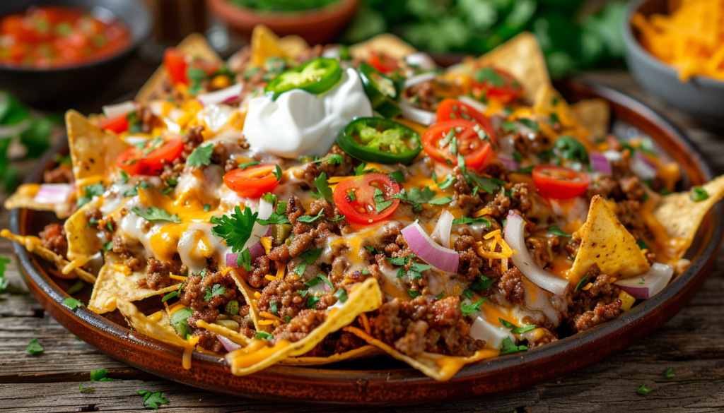 A plate of loaded nachos topped with ground meat, melted cheese, sliced jalapenos, cherry tomatoes, red onions, cilantro, and a dollop of sour cream.