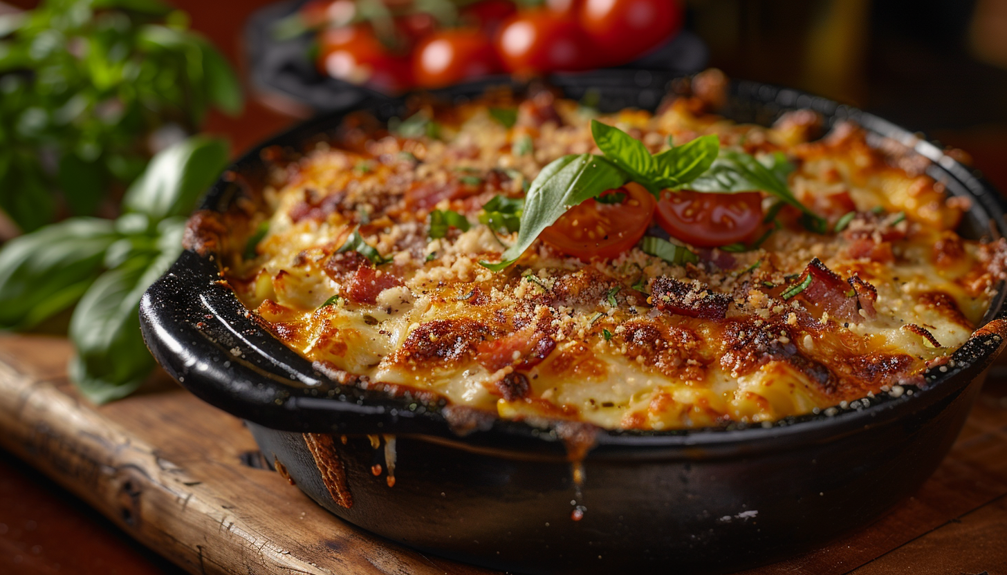 A baked lasagna in a black dish topped with melted cheese, basil leaves, and cherry tomatoes. A cluster of fresh cherry tomatoes and herbs in the background.