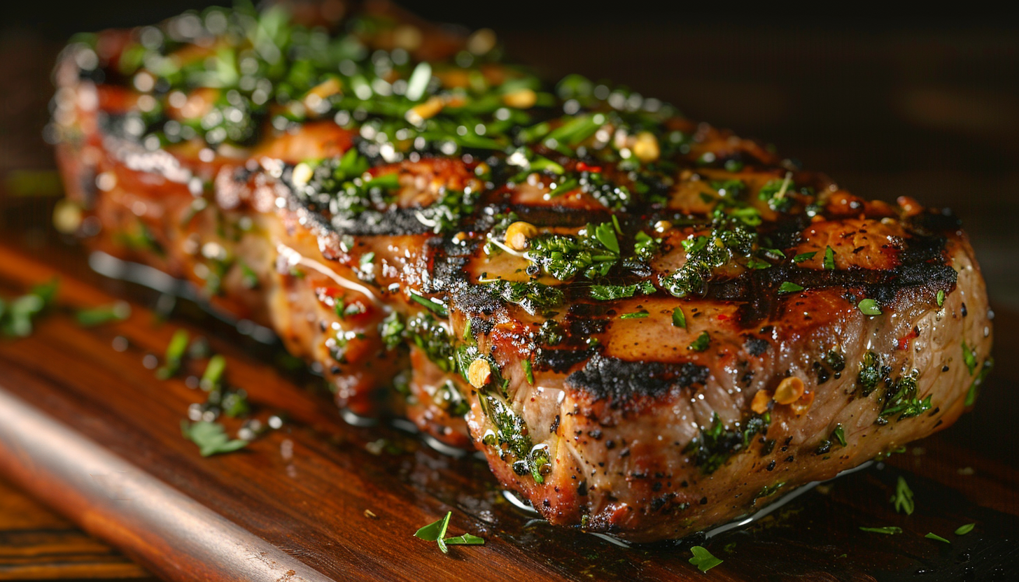 A close-up of a seasoned and grilled steak garnished with fresh herbs and spices, resting on a wooden cutting board.
