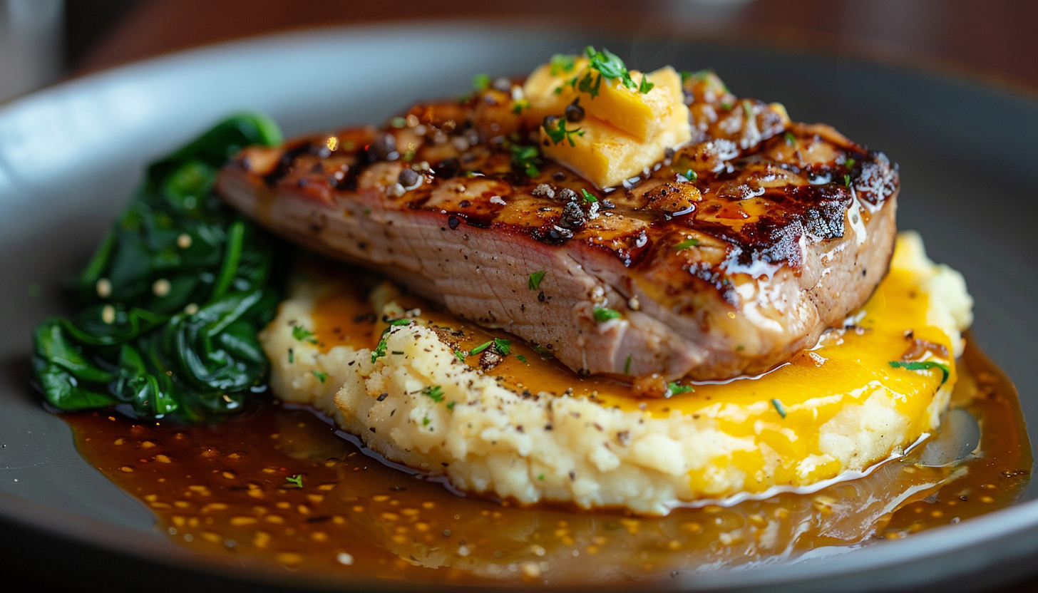 Grilled steak topped with butter, served on mashed potatoes and a golden sauce, accompanied by wilted greens on a grey plate.