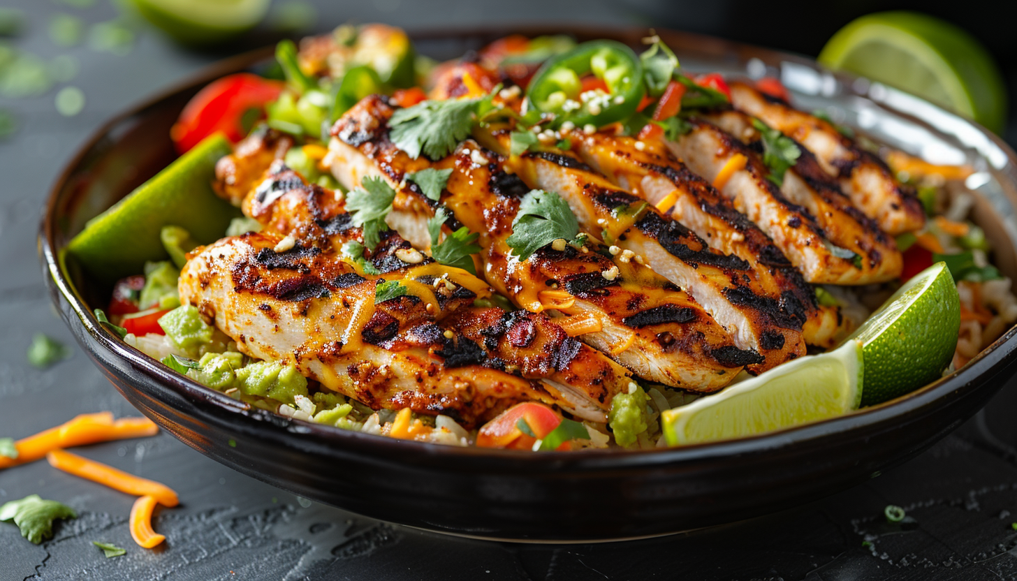 Grilled chicken slices served over a bed of rice with vegetables, garnished with jalapeños, cilantro, and lime wedges.