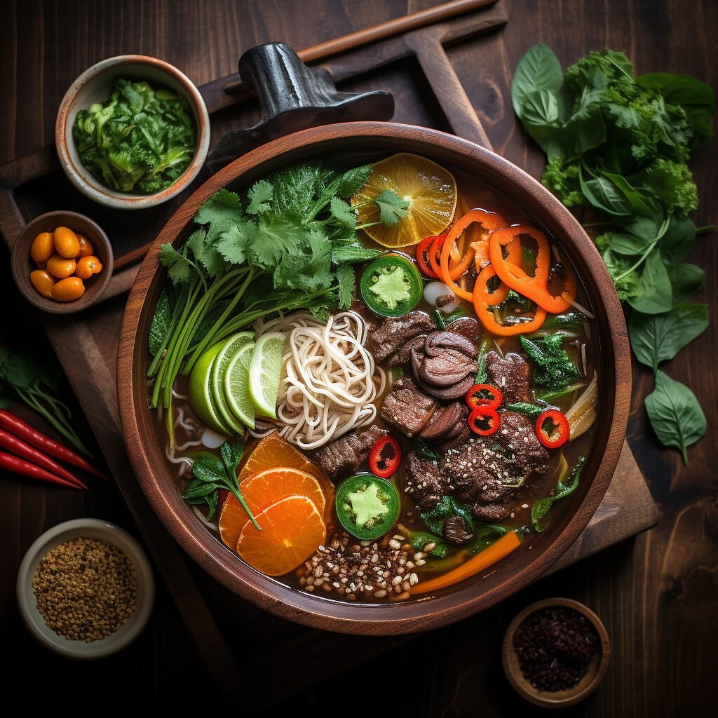 Vietnamese beef noodle soup recipe in a bowl on a wooden table.