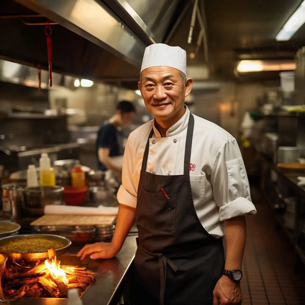 A man in an apron standing in front of a grill.