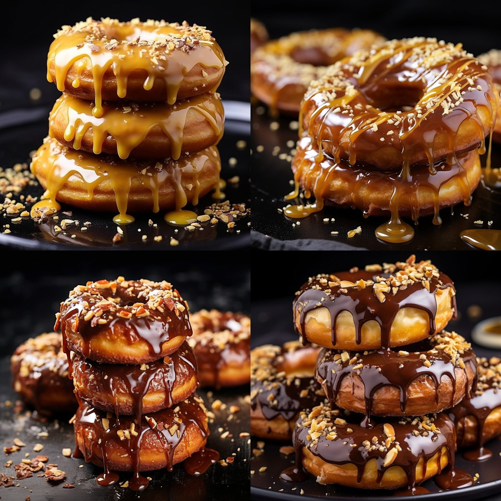 A delicious recipe for donuts with caramel and nuts, all presented on a captivating black background.